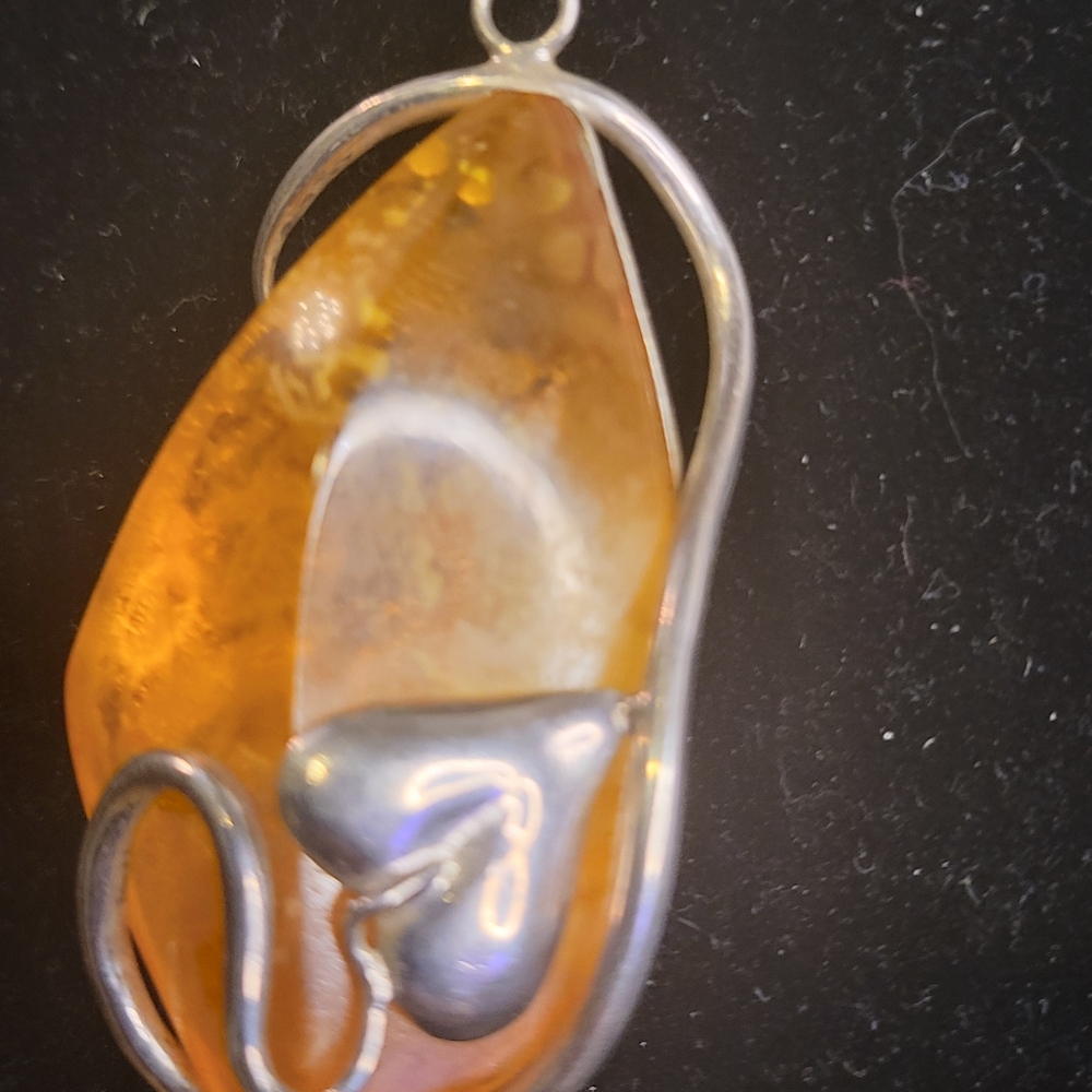 Amazing Sterling Silver Amber Hand Made Pendant Ivy Leaf / Heart Theme - Picture 12 of 14